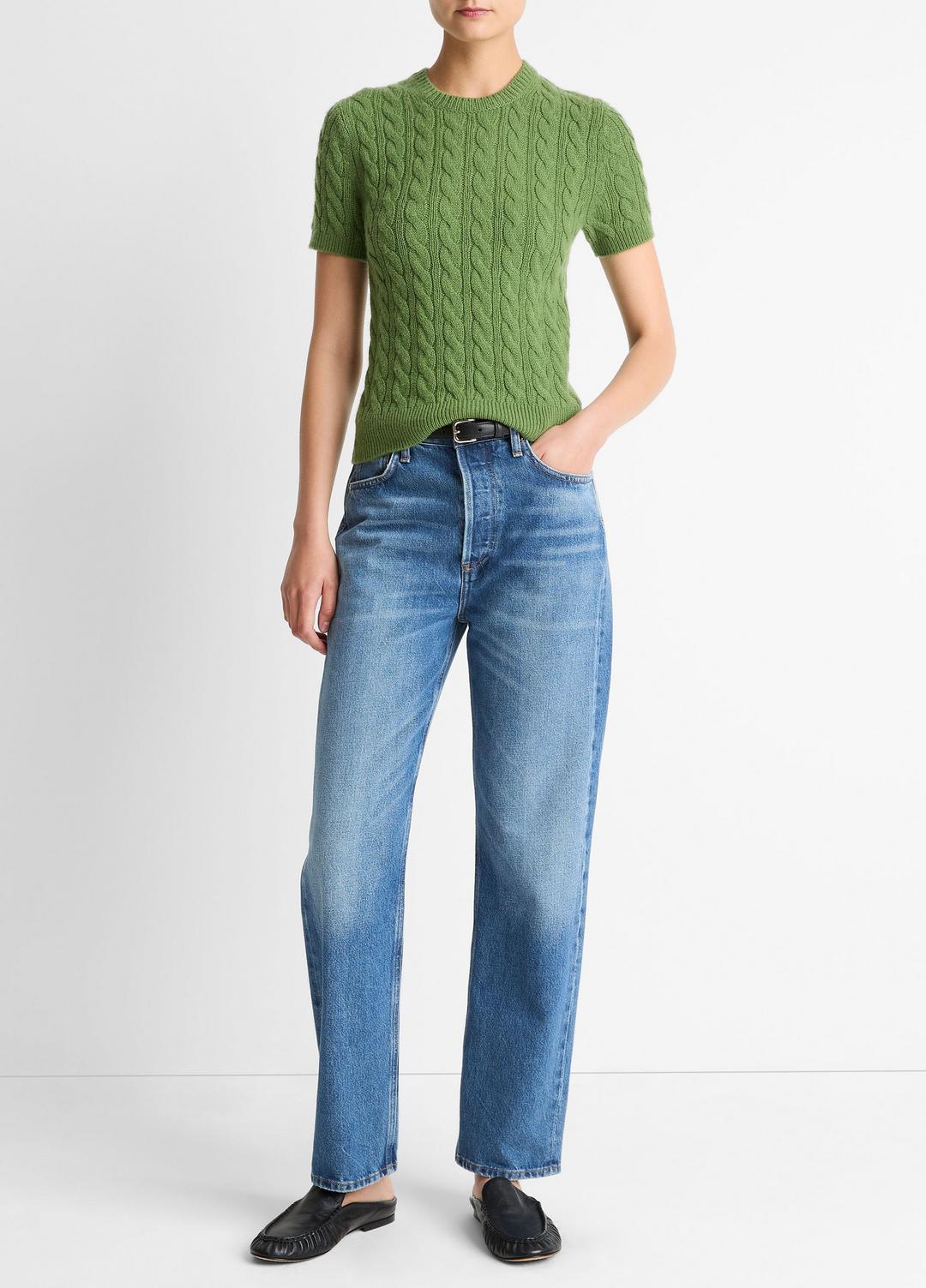 VINCE Women Cable-Knit Wool & Cashmere-Blend Short-Sleeve Sweater in Crew Neck