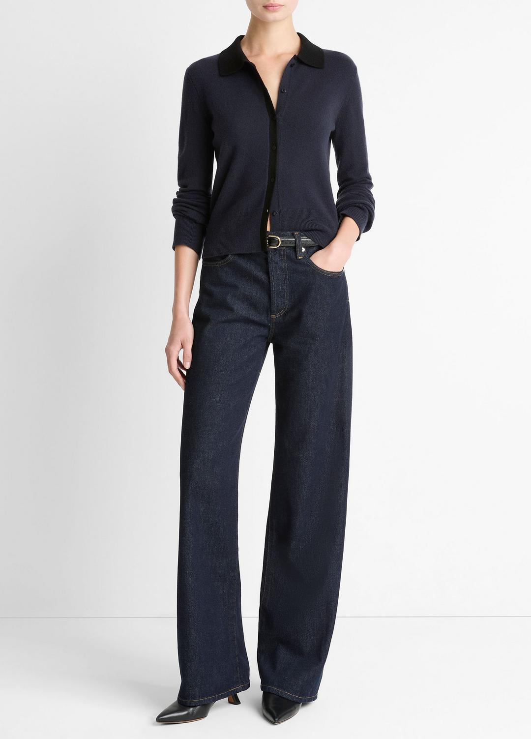 VINCE Women Contrast-Trim Wool & Cashmere-Blend Collared Cardigan in Cardigans