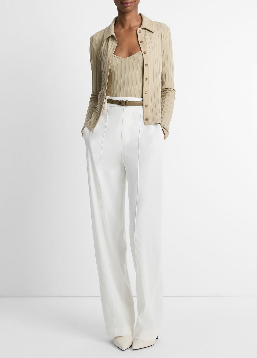 VINCE Sale Ribbed Collared Long-Sleeve Button-Front Top in Shirts & Tees