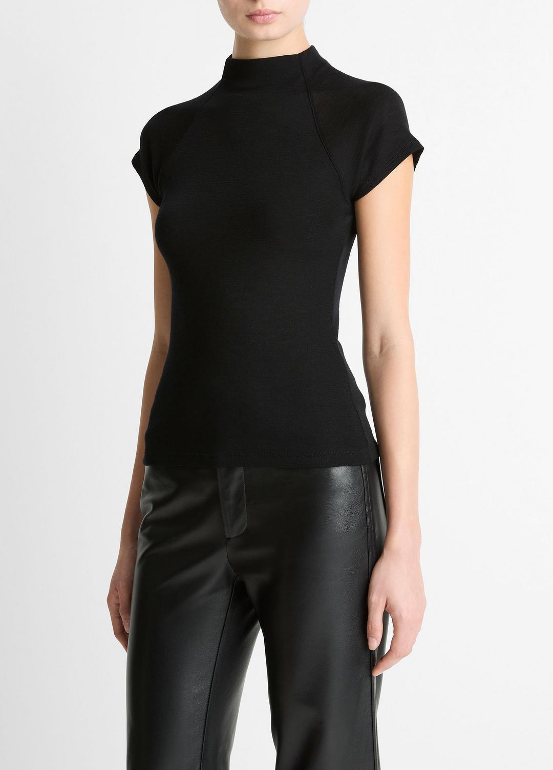 VINCE Women Wool Raglan Cap-Sleeve Mock-Neck Top in Short Sleeve