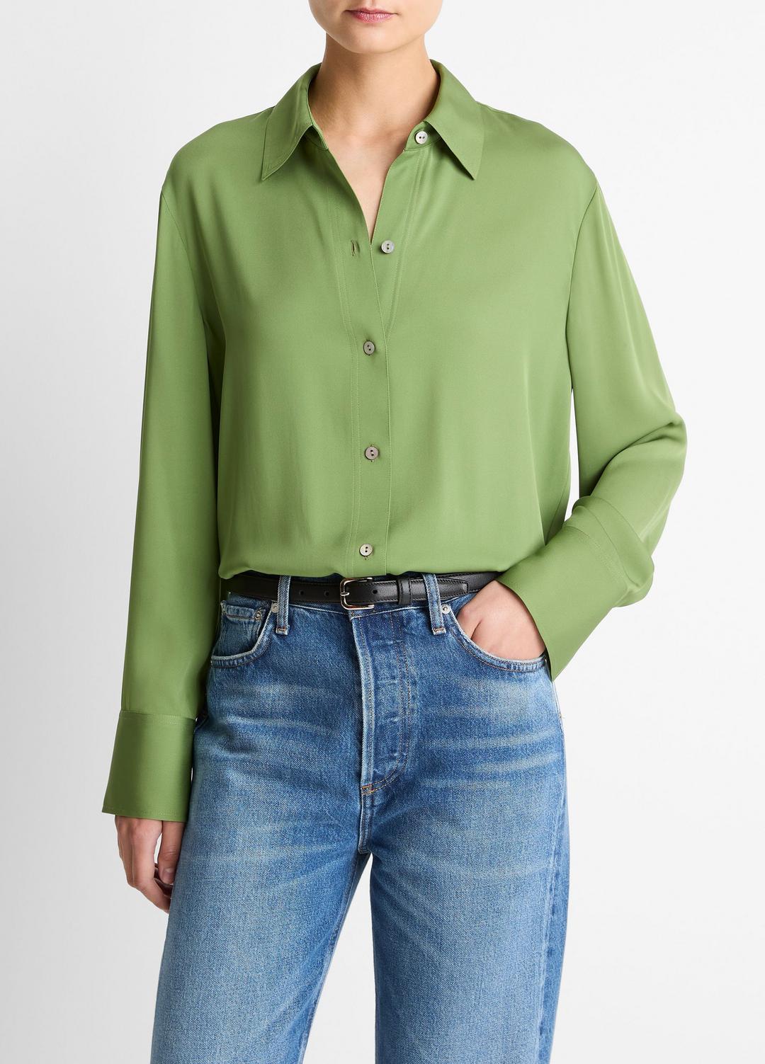 VINCE Women Stretch-Silk Button-Front Blouse in Long Sleeve