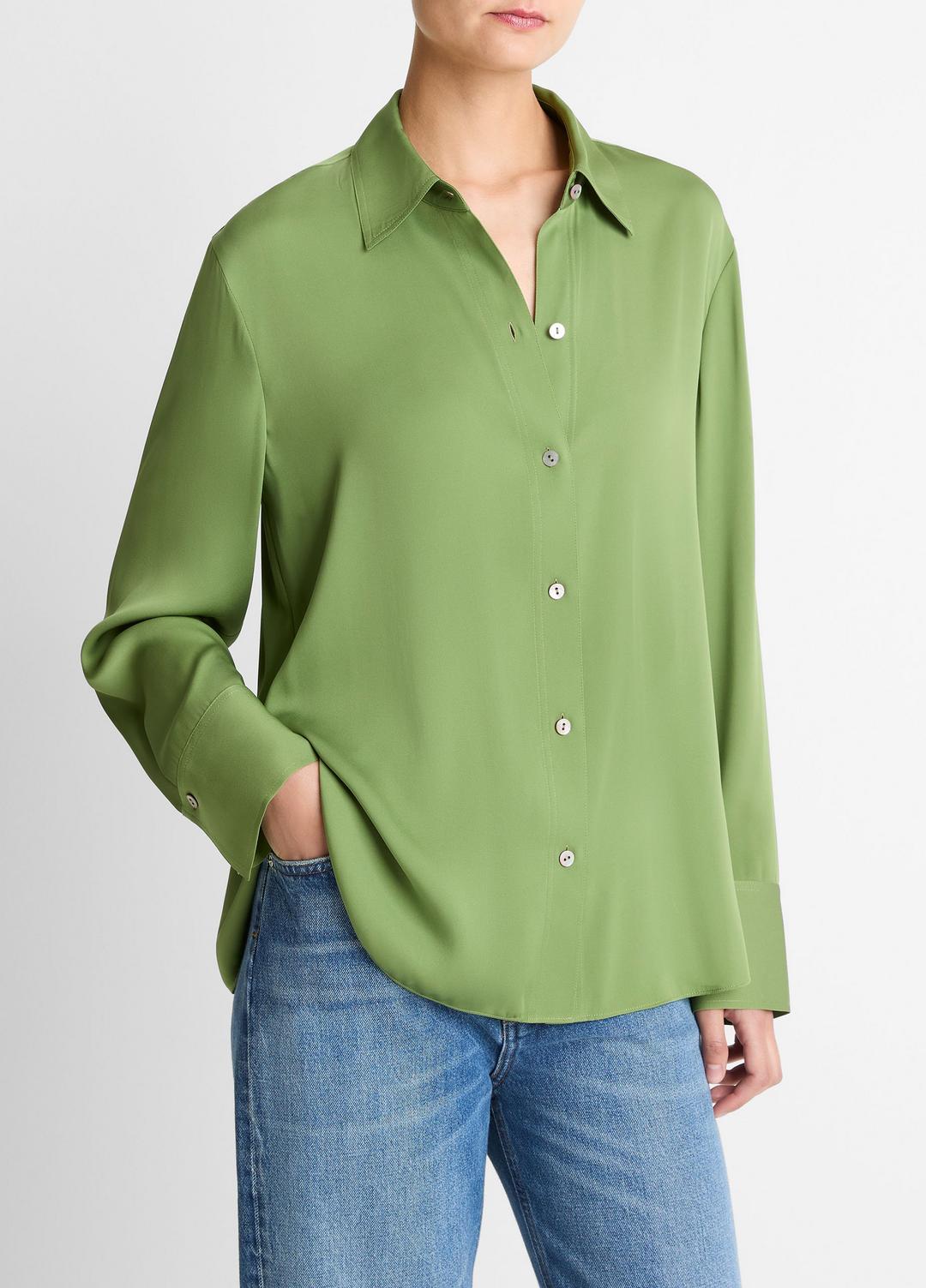 VINCE Women Stretch-Silk Button-Front Blouse in Long Sleeve