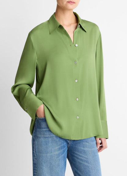 VINCE Women Stretch-Silk Button-Front Blouse in Long Sleeve