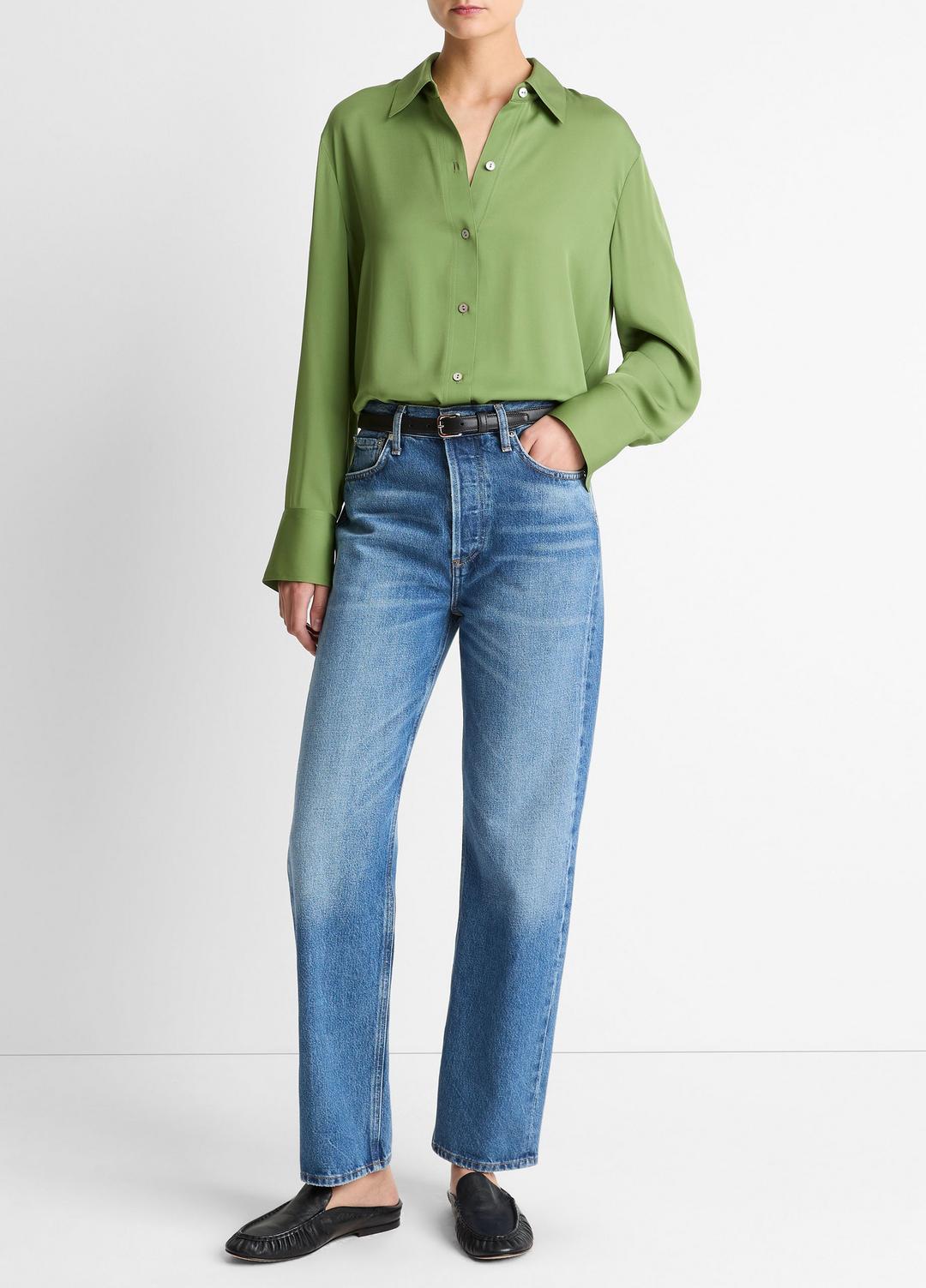 VINCE Women Stretch-Silk Button-Front Blouse in Long Sleeve