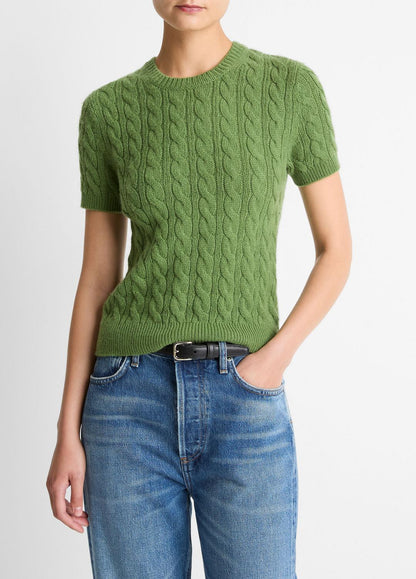 VINCE Women Cable-Knit Wool & Cashmere-Blend Short-Sleeve Sweater in Crew Neck
