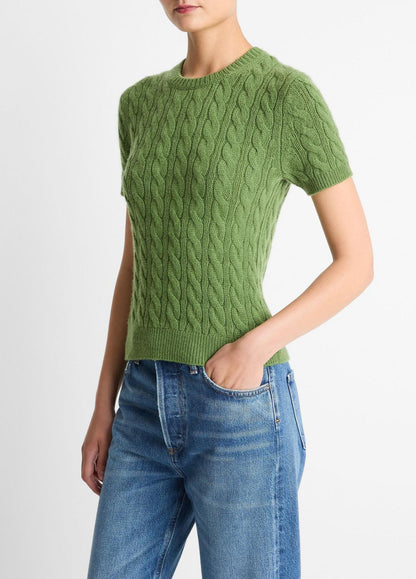 VINCE Women Cable-Knit Wool & Cashmere-Blend Short-Sleeve Sweater in Crew Neck