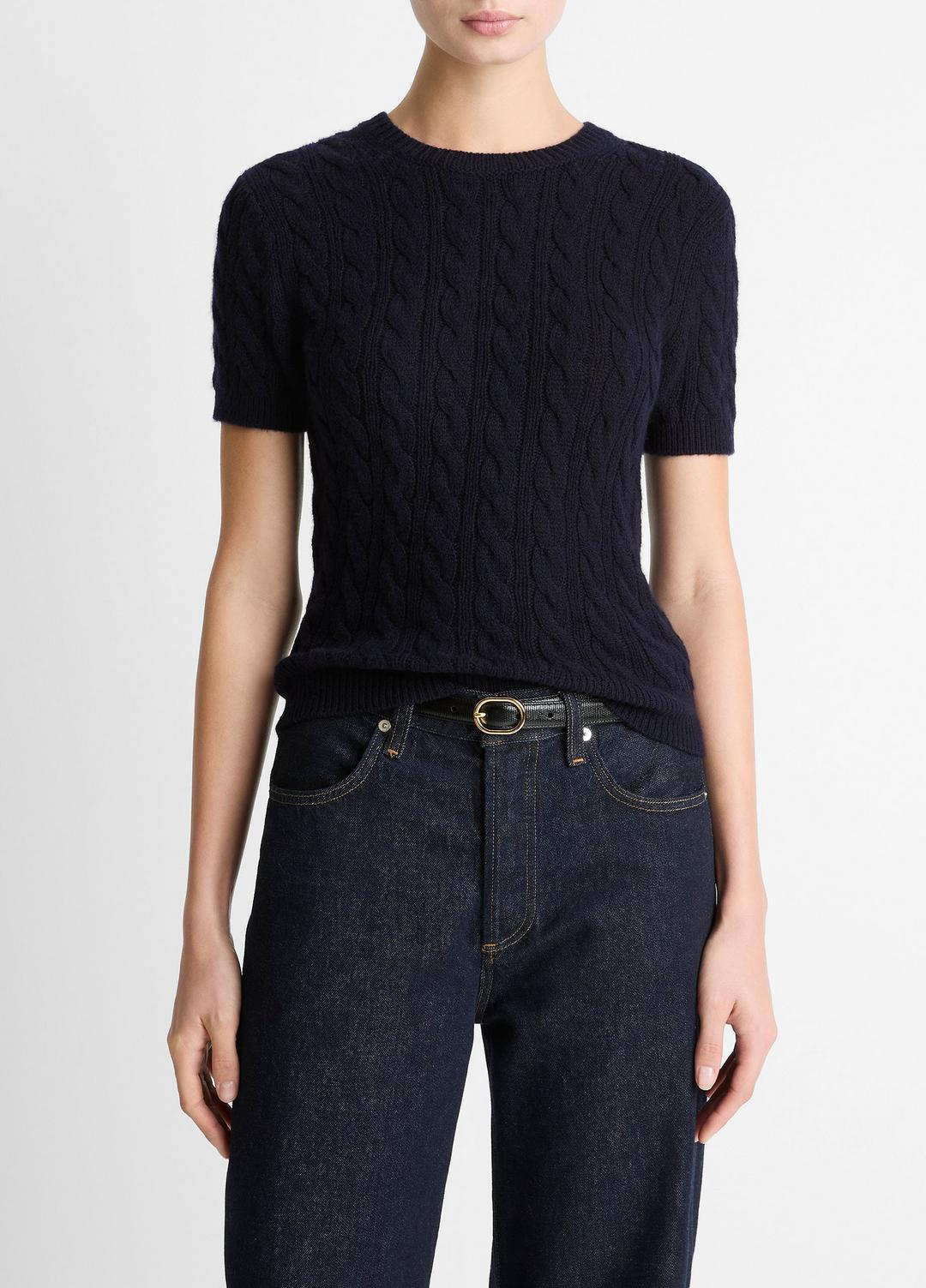 VINCE Women Cable-Knit Wool & Cashmere-Blend Short-Sleeve Sweater in Crew Neck
