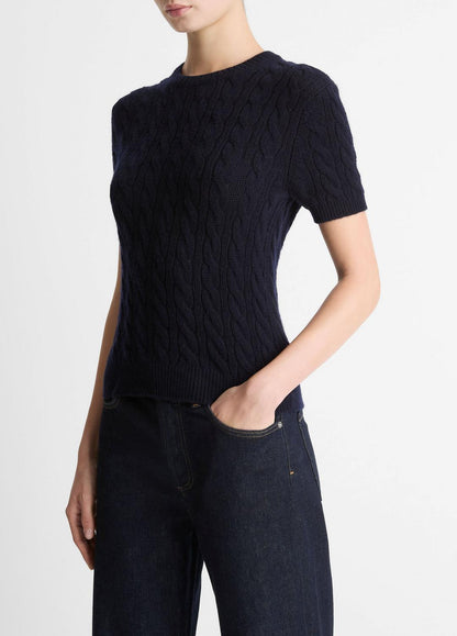VINCE Women Cable-Knit Wool & Cashmere-Blend Short-Sleeve Sweater in Crew Neck