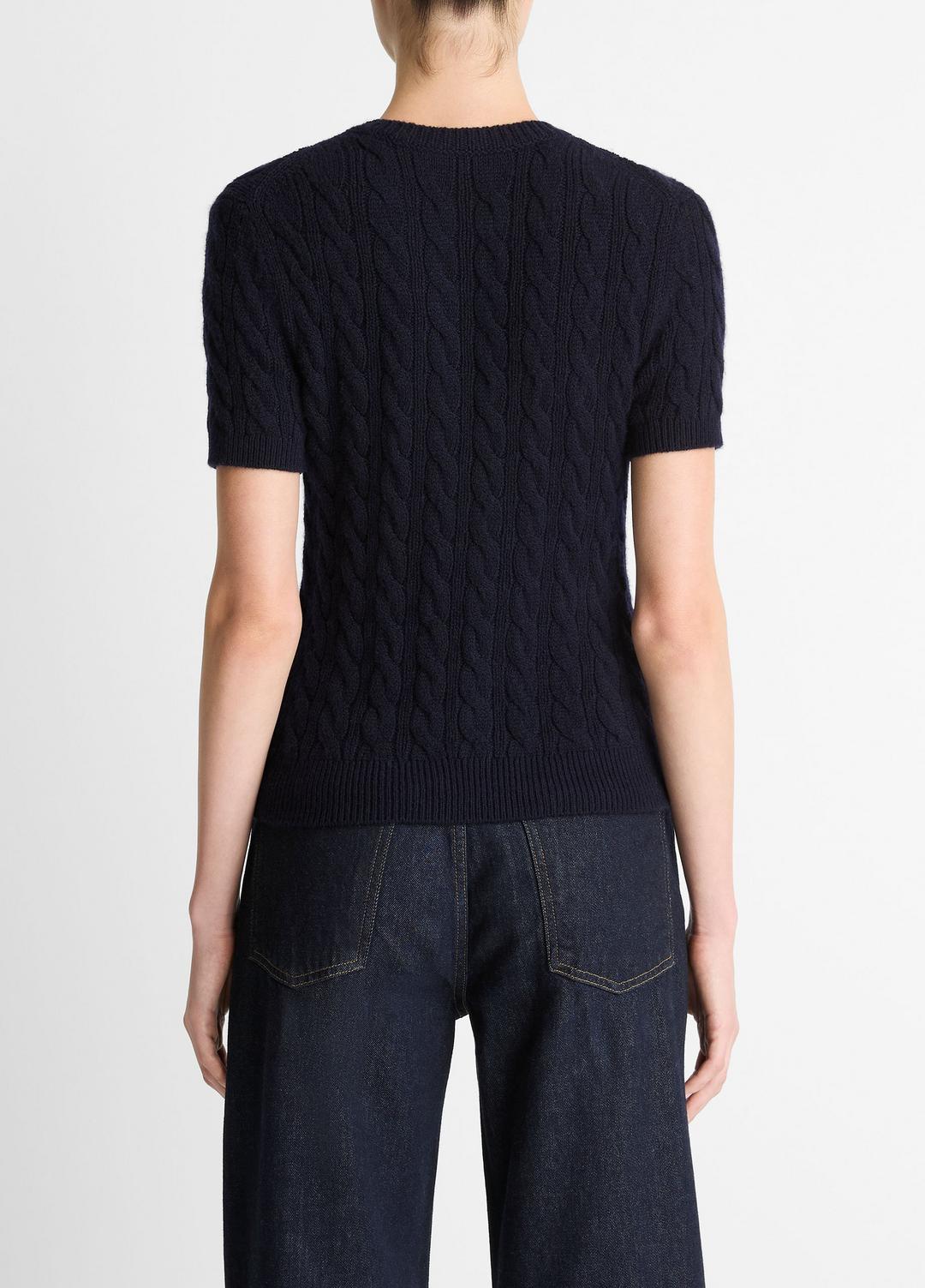 VINCE Women Cable-Knit Wool & Cashmere-Blend Short-Sleeve Sweater in Crew Neck