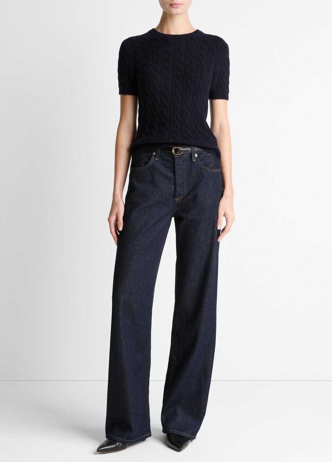 VINCE Women Cable-Knit Wool & Cashmere-Blend Short-Sleeve Sweater in Crew Neck