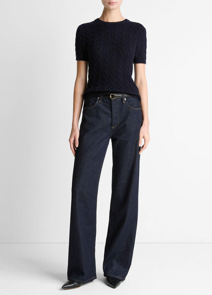 VINCE Women Cable-Knit Wool & Cashmere-Blend Short-Sleeve Sweater in Crew Neck