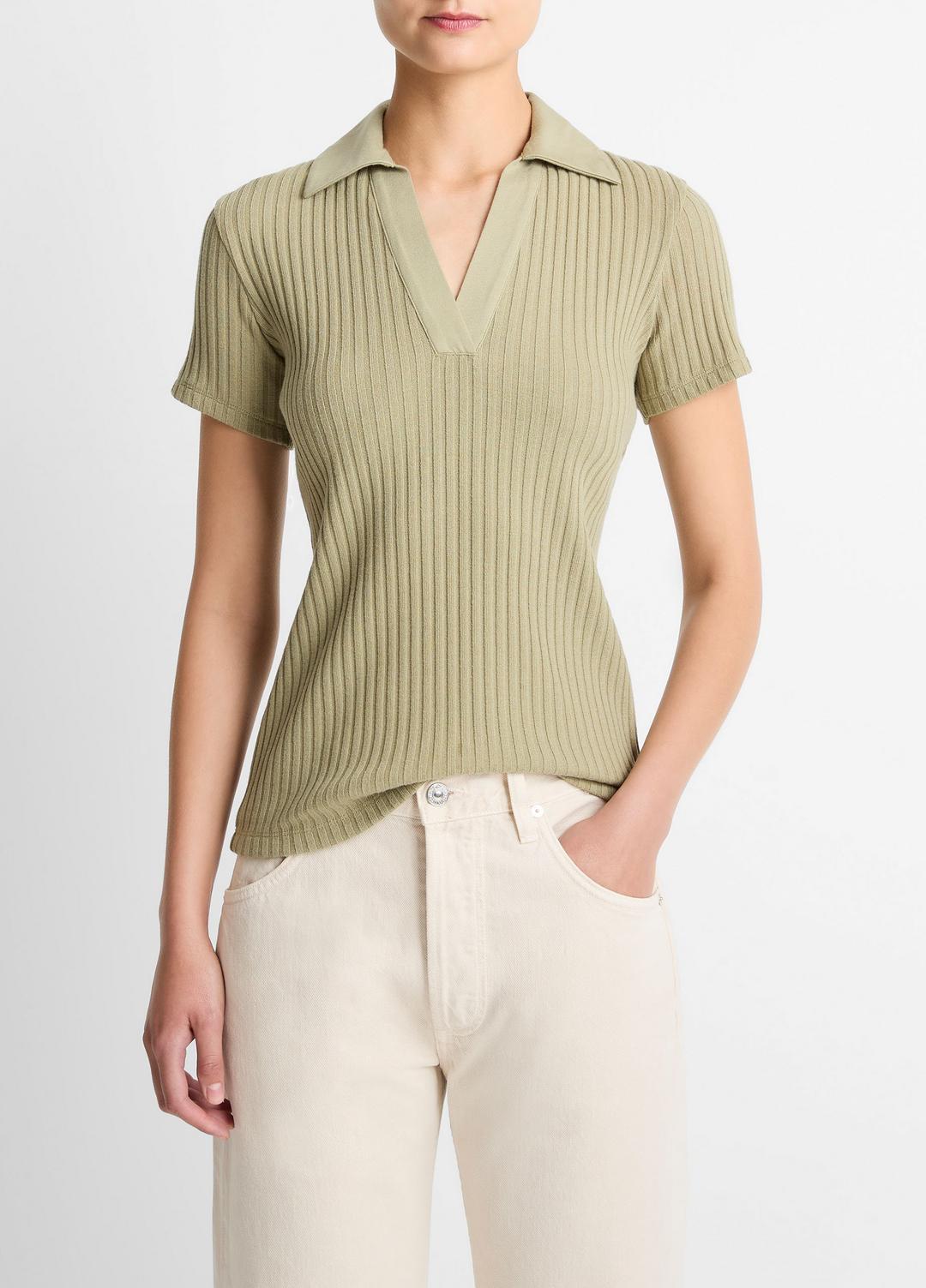 VINCE Women Ribbed Cotton-Blend Polo Shirt in Short Sleeve