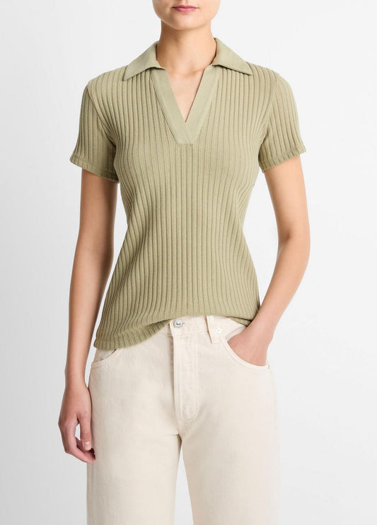 VINCE Women Ribbed Cotton-Blend Polo Shirt in Short Sleeve