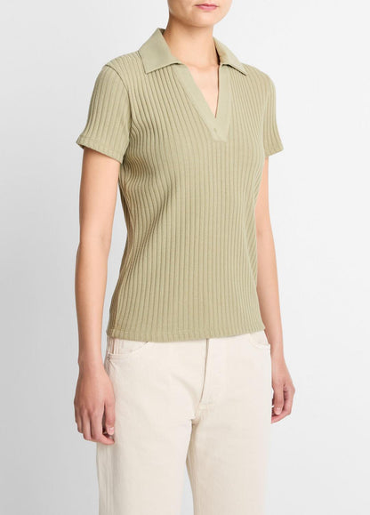 VINCE Women Ribbed Cotton-Blend Polo Shirt in Short Sleeve