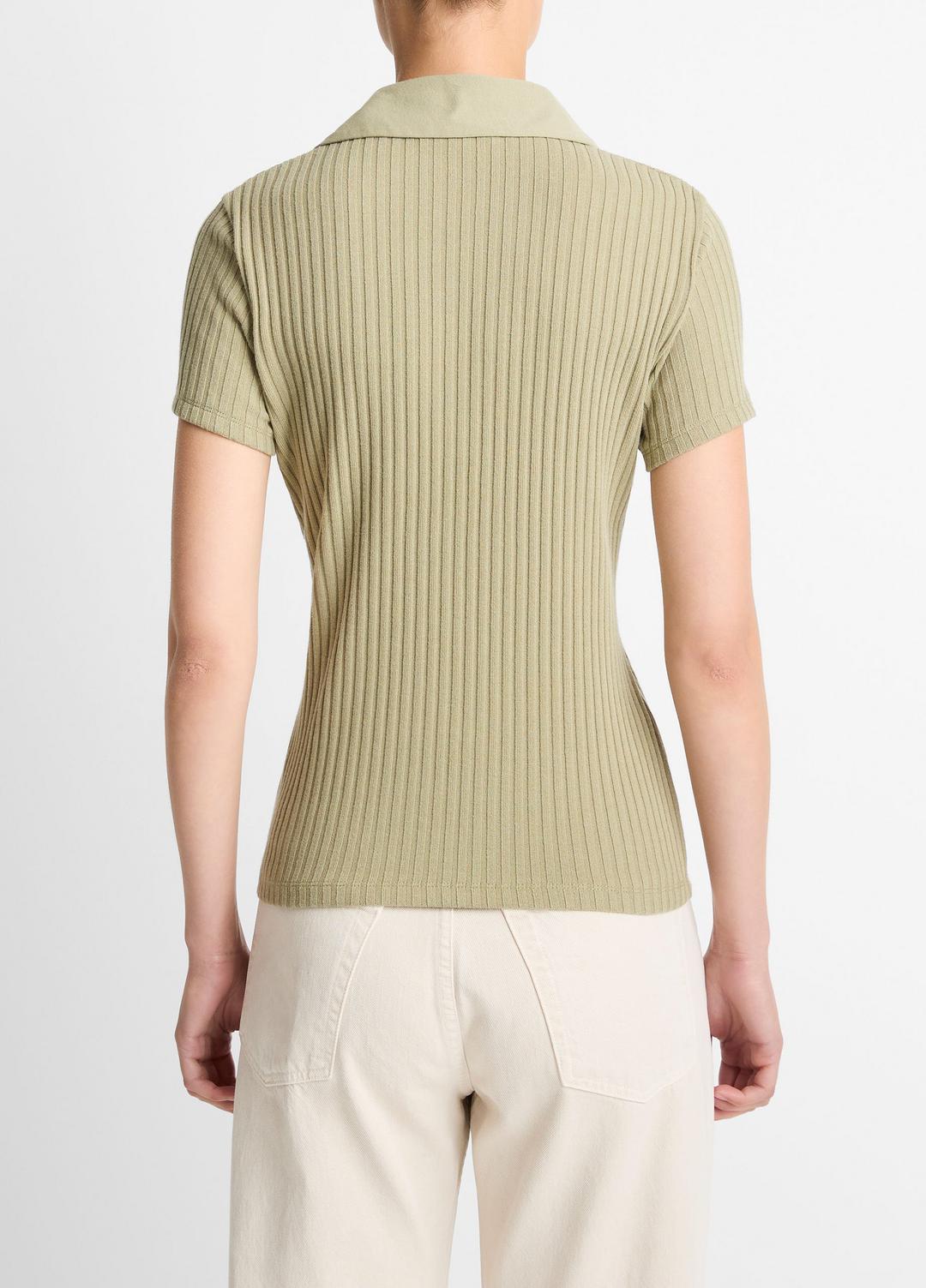 VINCE Women Ribbed Cotton-Blend Polo Shirt in Short Sleeve