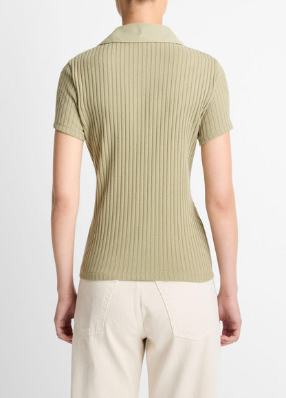 VINCE Women Ribbed Cotton-Blend Polo Shirt in Short Sleeve