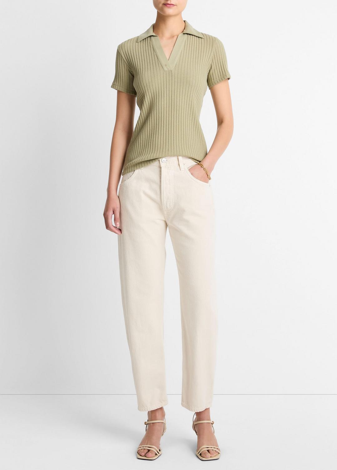 VINCE Women Ribbed Cotton-Blend Polo Shirt in Short Sleeve