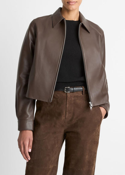 VINCE Women Leather Cropped Zip-Front Jacket in Leather Jackets