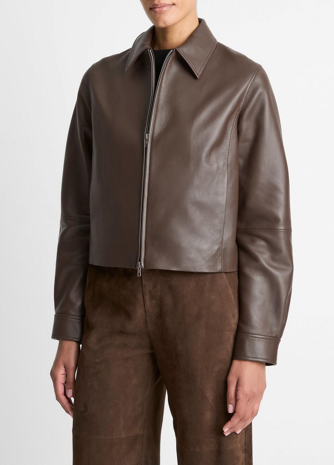 VINCE Women Leather Cropped Zip-Front Jacket in Leather Jackets