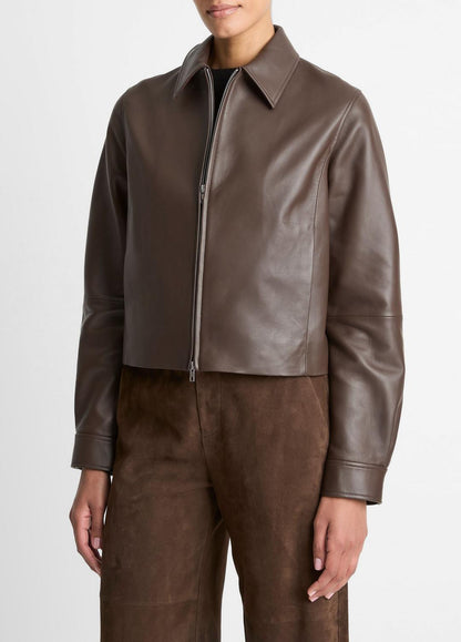 VINCE Women Leather Cropped Zip-Front Jacket in Leather Jackets