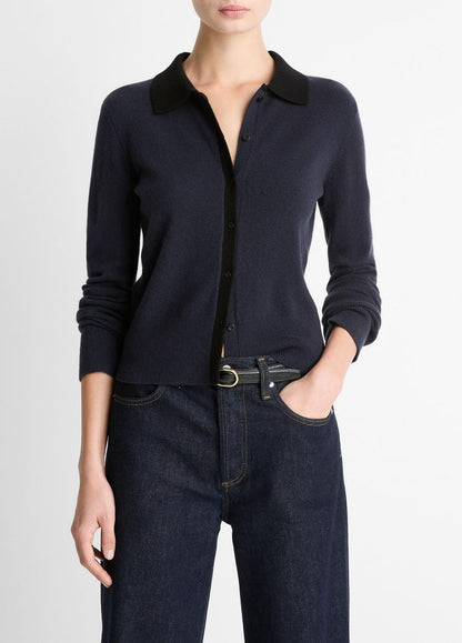 VINCE Women Contrast-Trim Wool & Cashmere-Blend Collared Cardigan in Cardigans