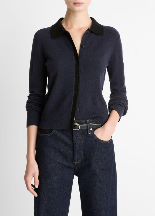 VINCE Women Contrast-Trim Wool & Cashmere-Blend Collared Cardigan in Cardigans