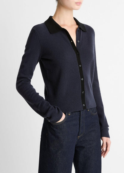 VINCE Women Contrast-Trim Wool & Cashmere-Blend Collared Cardigan in Cardigans