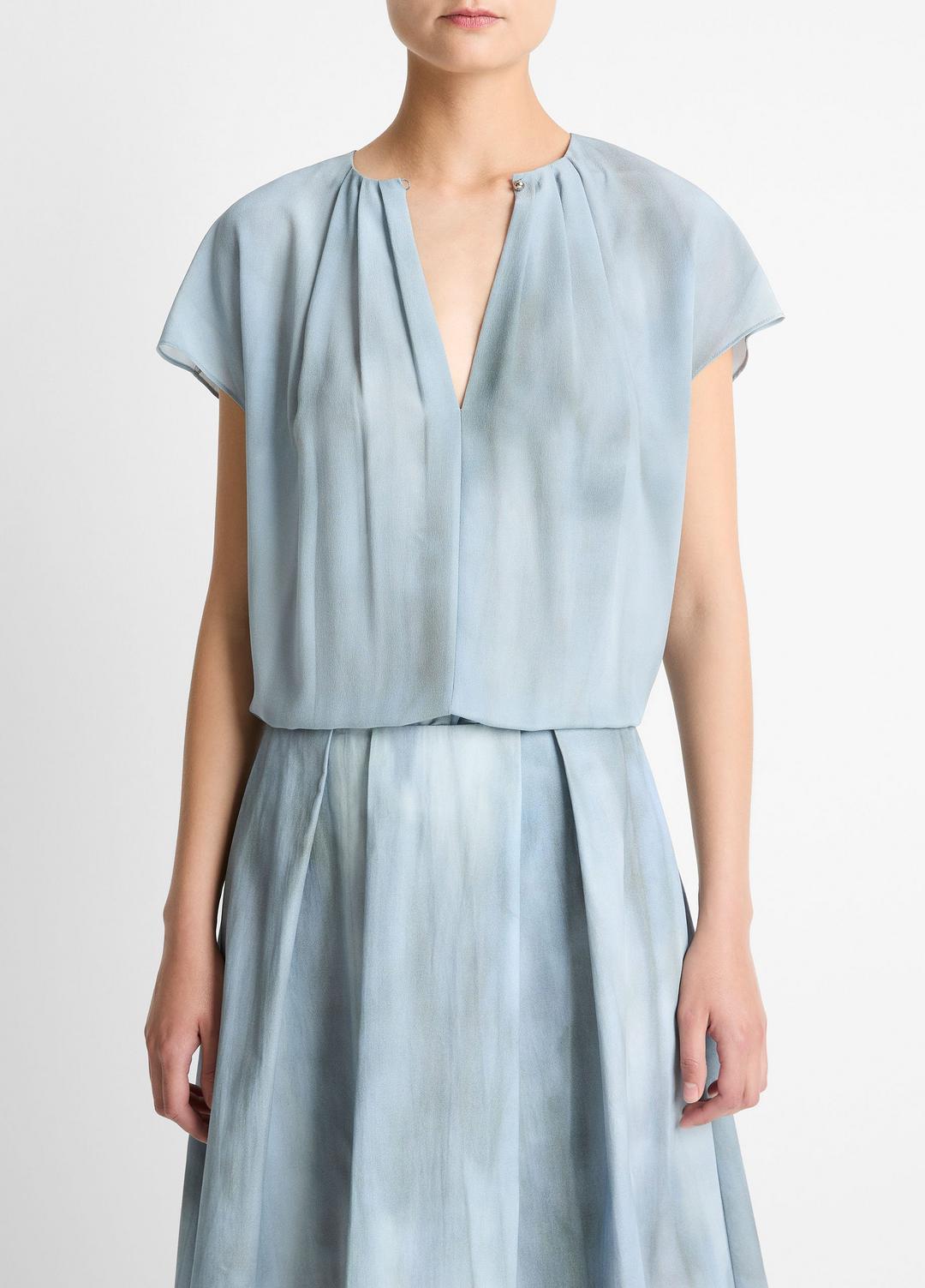 VINCE Women Washed Ombré Silk Gathered Cap-Sleeve Blouse in Short Sleeve