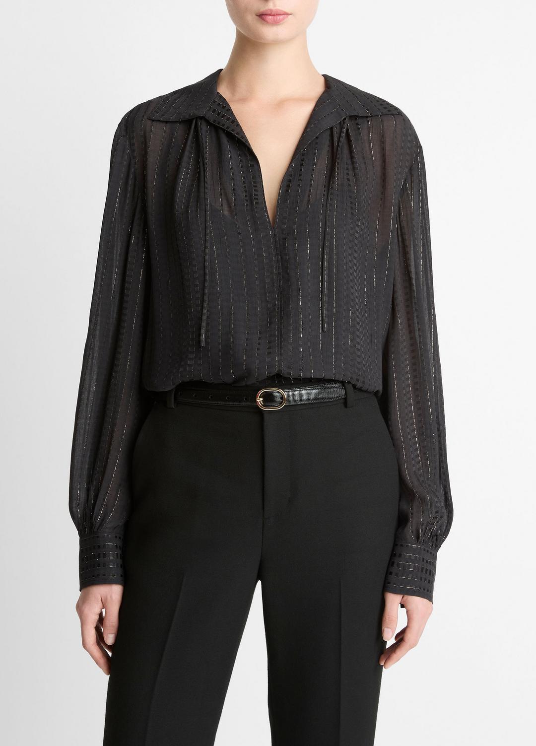VINCE Women Metallic-Stripe Gathered Blouse in Long Sleeve