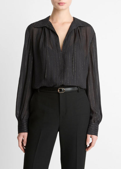 VINCE Women Metallic-Stripe Gathered Blouse in Long Sleeve