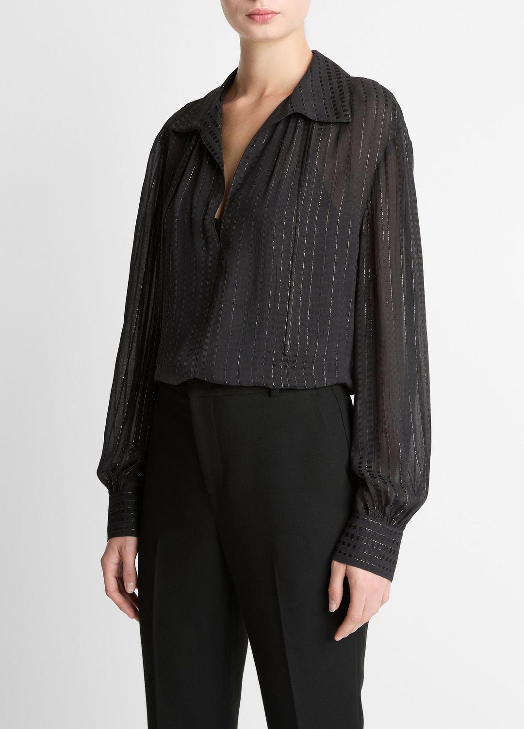 VINCE Women Metallic-Stripe Gathered Blouse in Long Sleeve