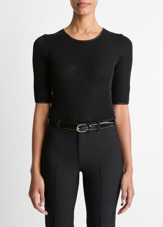 VINCE Women Satin-Trim Wool Elbow-Sleeve T-Shirt in Short Sleeve