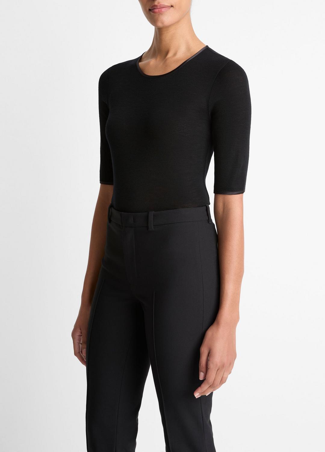 VINCE Women Satin-Trim Wool Elbow-Sleeve T-Shirt in Short Sleeve