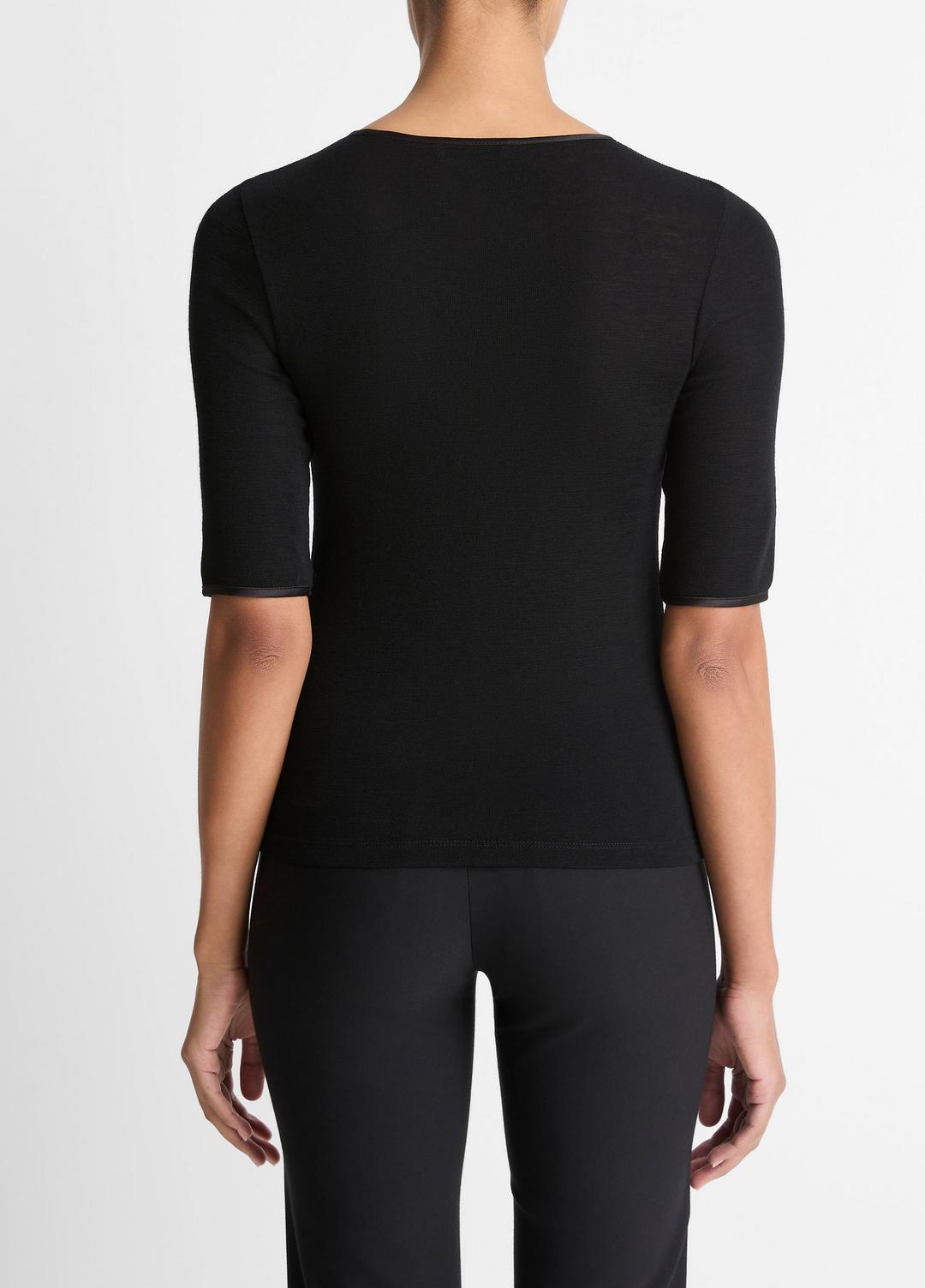 VINCE Women Satin-Trim Wool Elbow-Sleeve T-Shirt in Short Sleeve