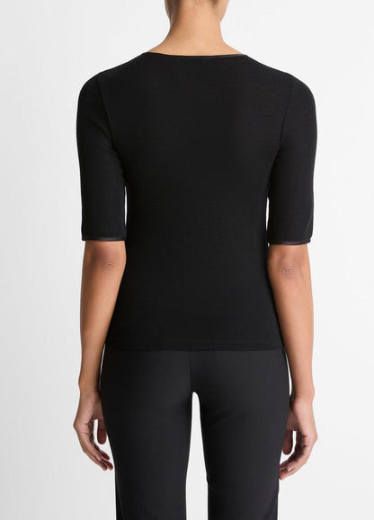 VINCE Women Satin-Trim Wool Elbow-Sleeve T-Shirt in Short Sleeve