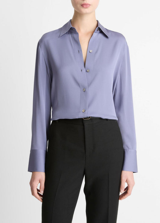 VINCE Women Stretch-Silk Button-Front Blouse in Long Sleeve
