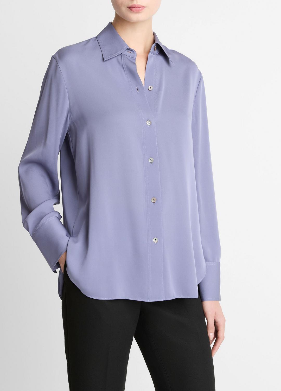 VINCE Women Stretch-Silk Button-Front Blouse in Long Sleeve