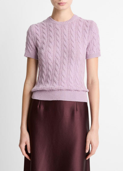 VINCE Women Cable-Knit Wool & Cashmere-Blend Short-Sleeve Sweater in Crew Neck