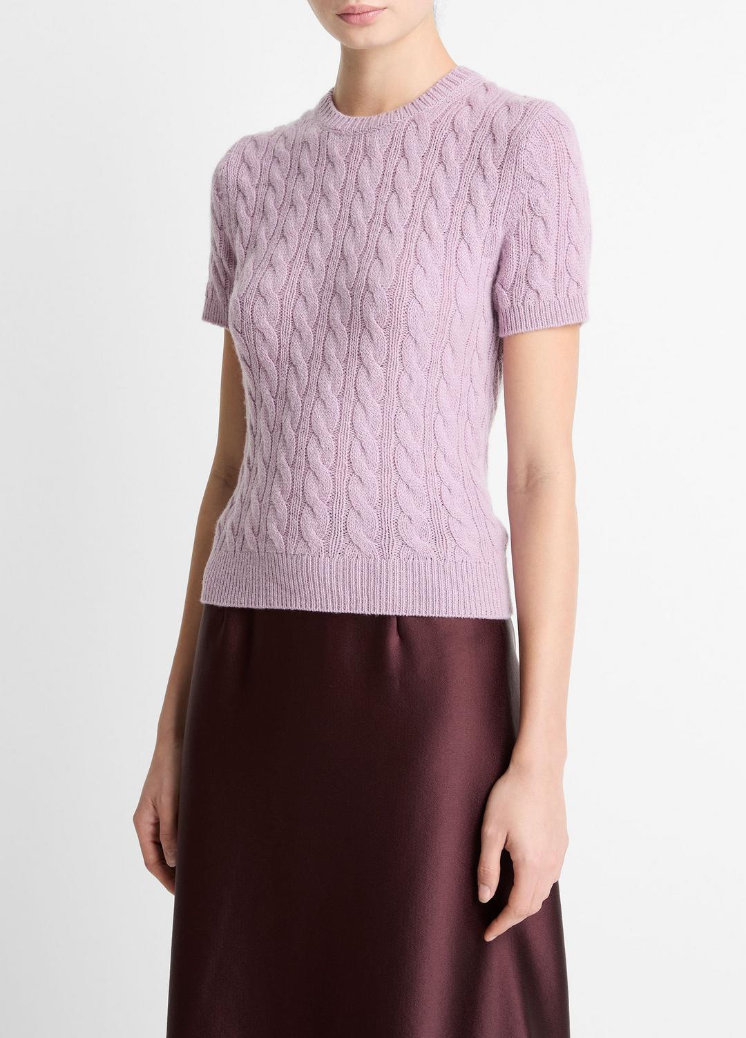 VINCE Women Cable-Knit Wool & Cashmere-Blend Short-Sleeve Sweater in Crew Neck
