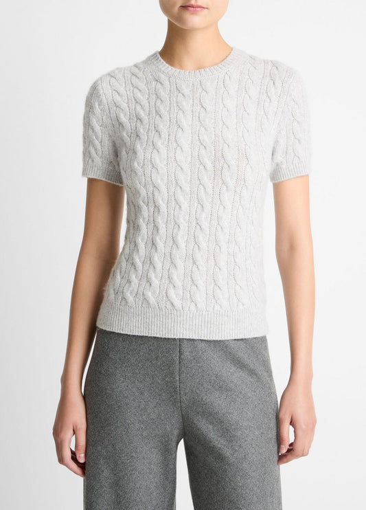 VINCE Women Cable-Knit Wool & Cashmere-Blend Short-Sleeve Sweater in Crew Neck