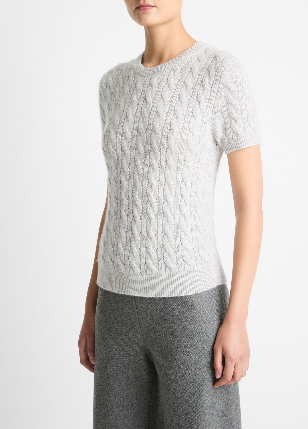 VINCE Women Cable-Knit Wool & Cashmere-Blend Short-Sleeve Sweater in Crew Neck