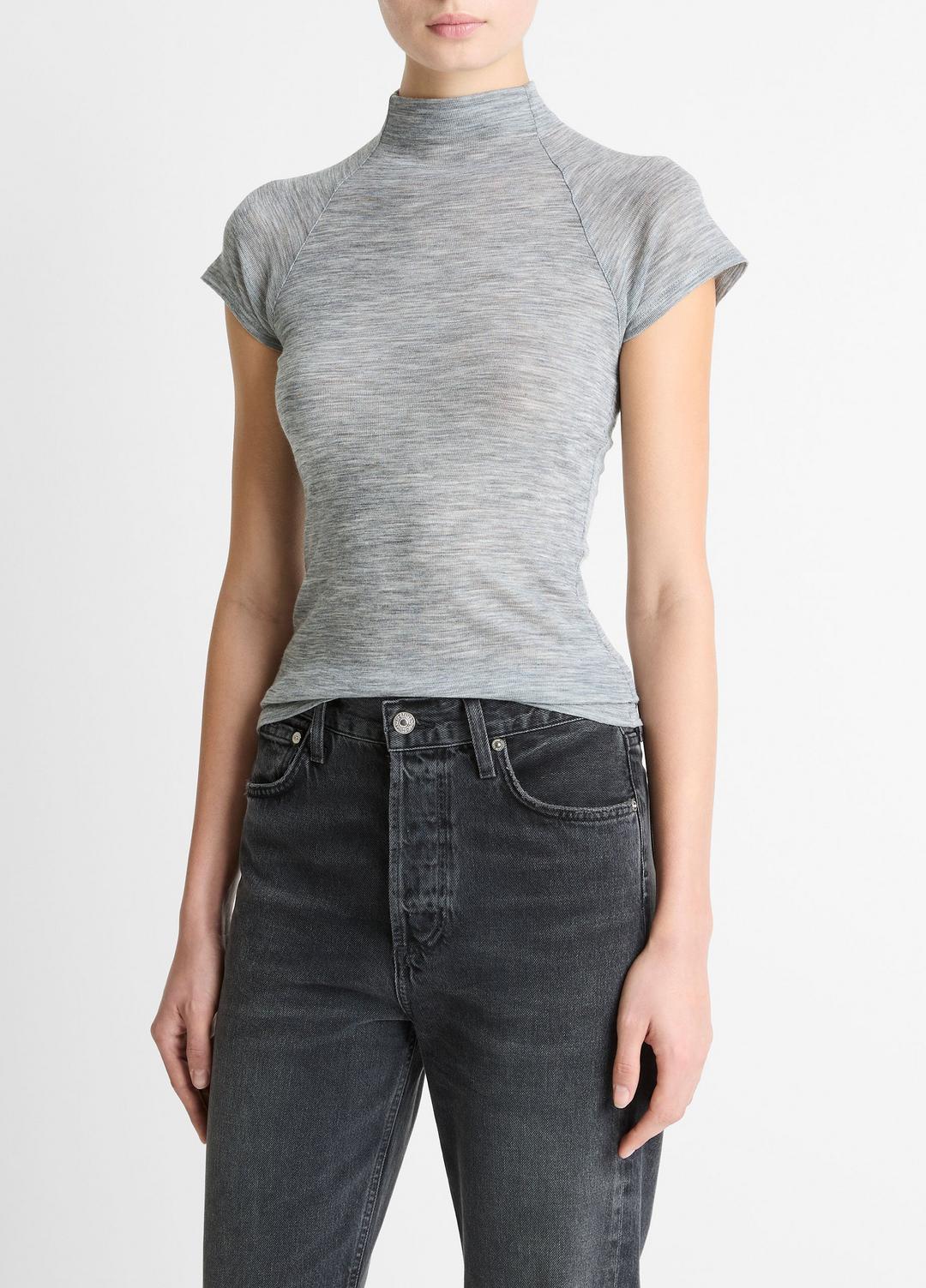 VINCE Women Wool Raglan Cap-Sleeve Mock-Neck Top in Short Sleeve