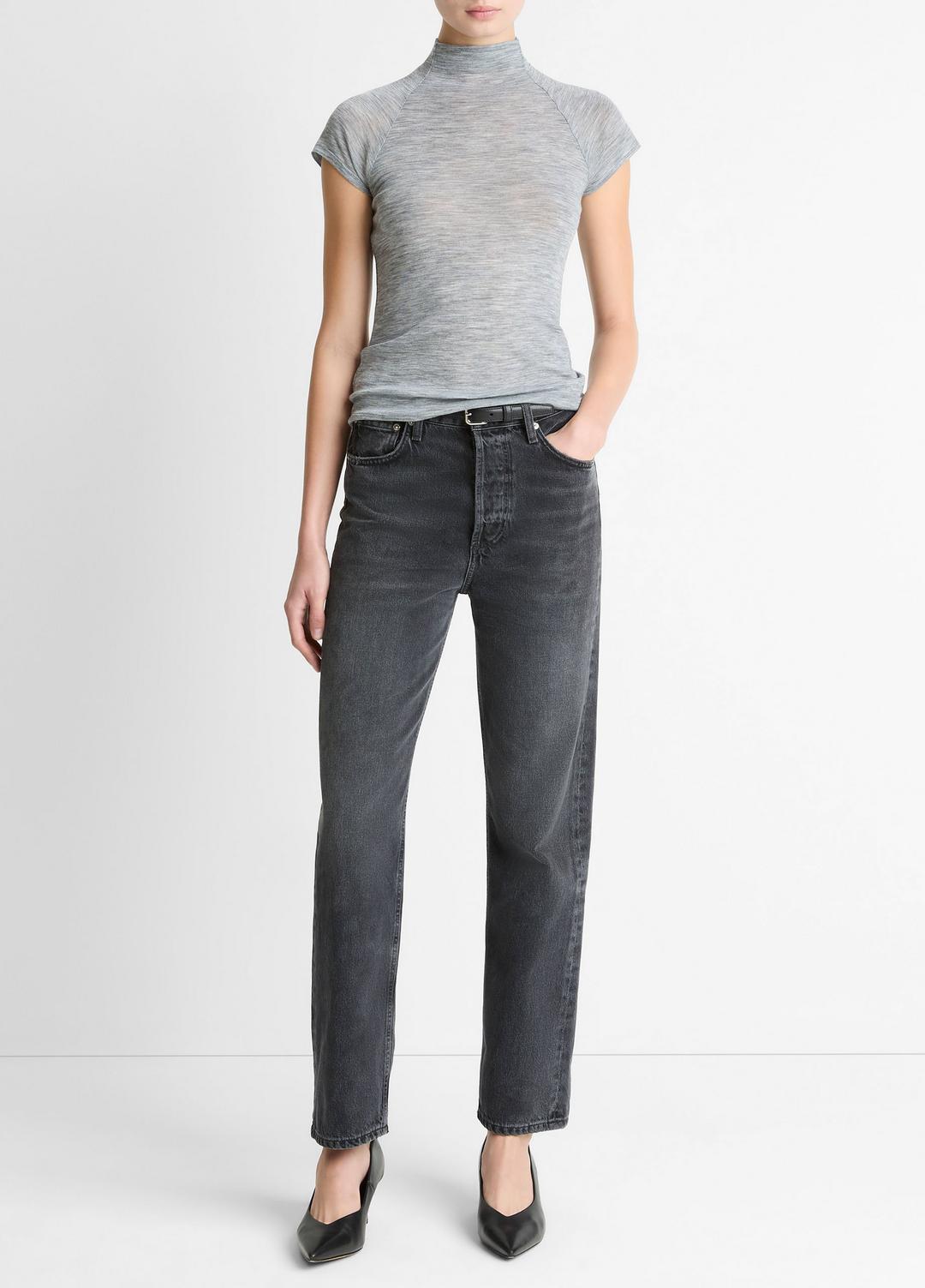 VINCE Women Wool Raglan Cap-Sleeve Mock-Neck Top in Short Sleeve