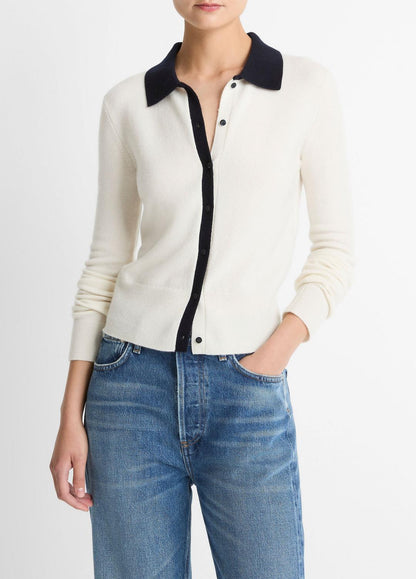 VINCE Women Contrast-Trim Wool & Cashmere-Blend Collared Cardigan in Cardigans