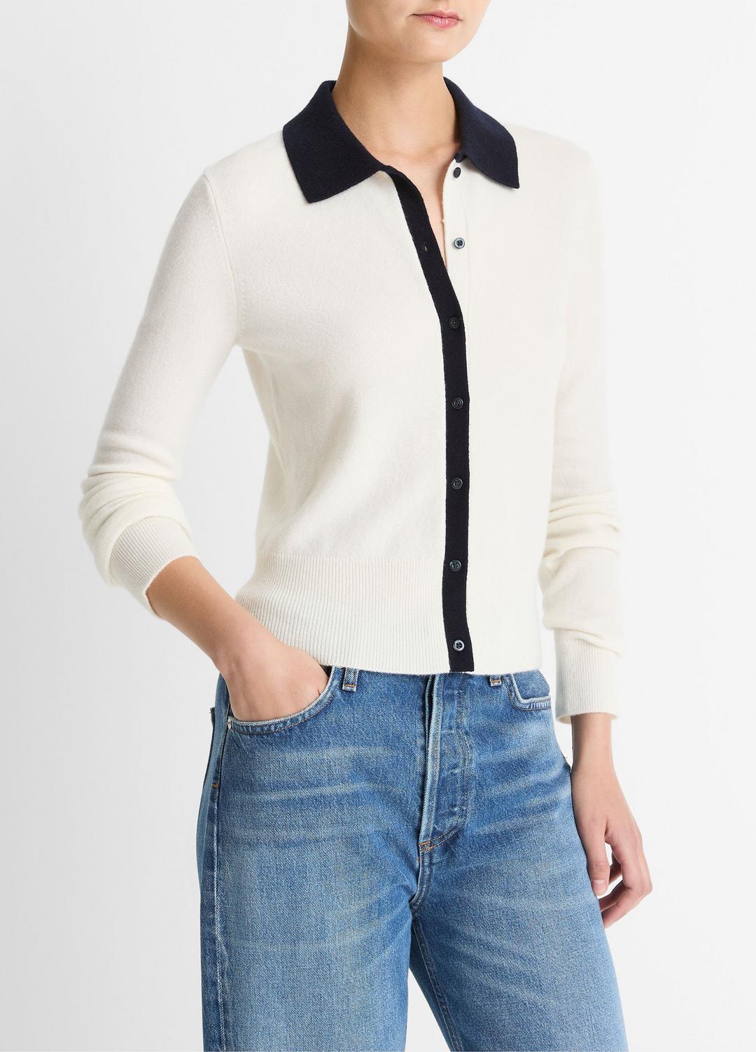 VINCE Women Contrast-Trim Wool & Cashmere-Blend Collared Cardigan in Cardigans