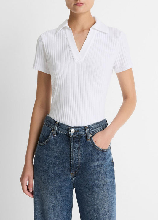 VINCE Women Ribbed Cotton-Blend Polo Shirt in Short Sleeve