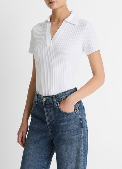 VINCE Women Ribbed Cotton-Blend Polo Shirt in Short Sleeve