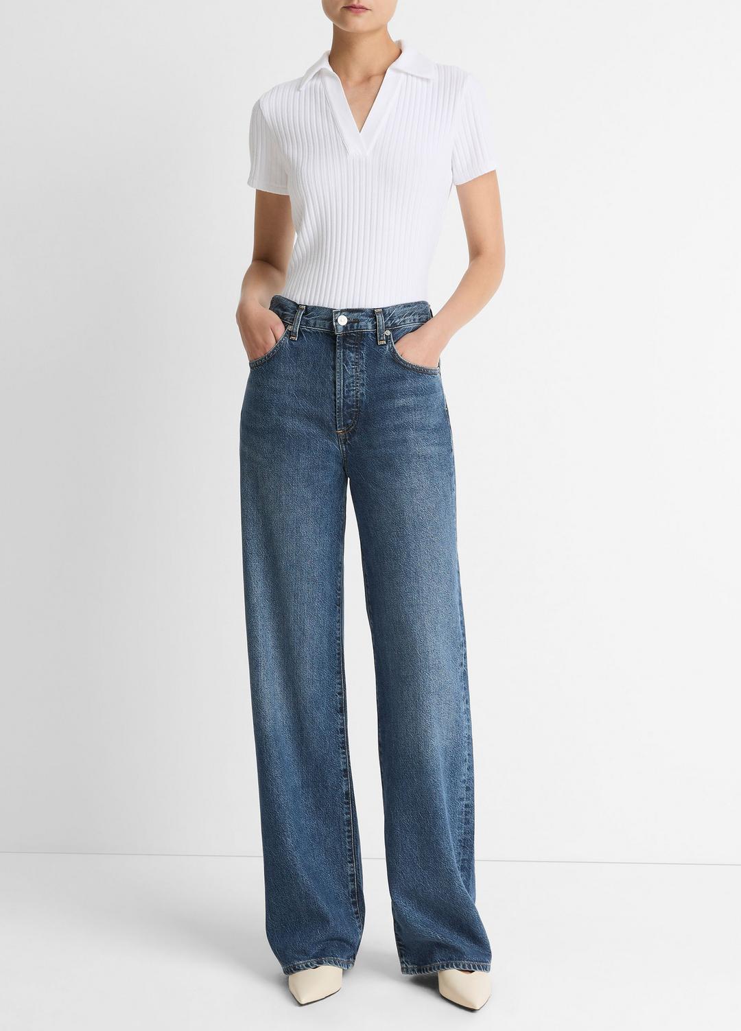 VINCE Women Ribbed Cotton-Blend Polo Shirt in Short Sleeve