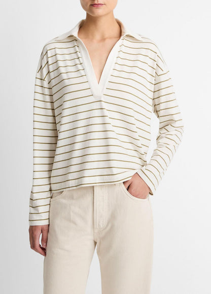 VINCE Women Striped Cotton Long-Sleeve Polo Shirt in Long Sleeve