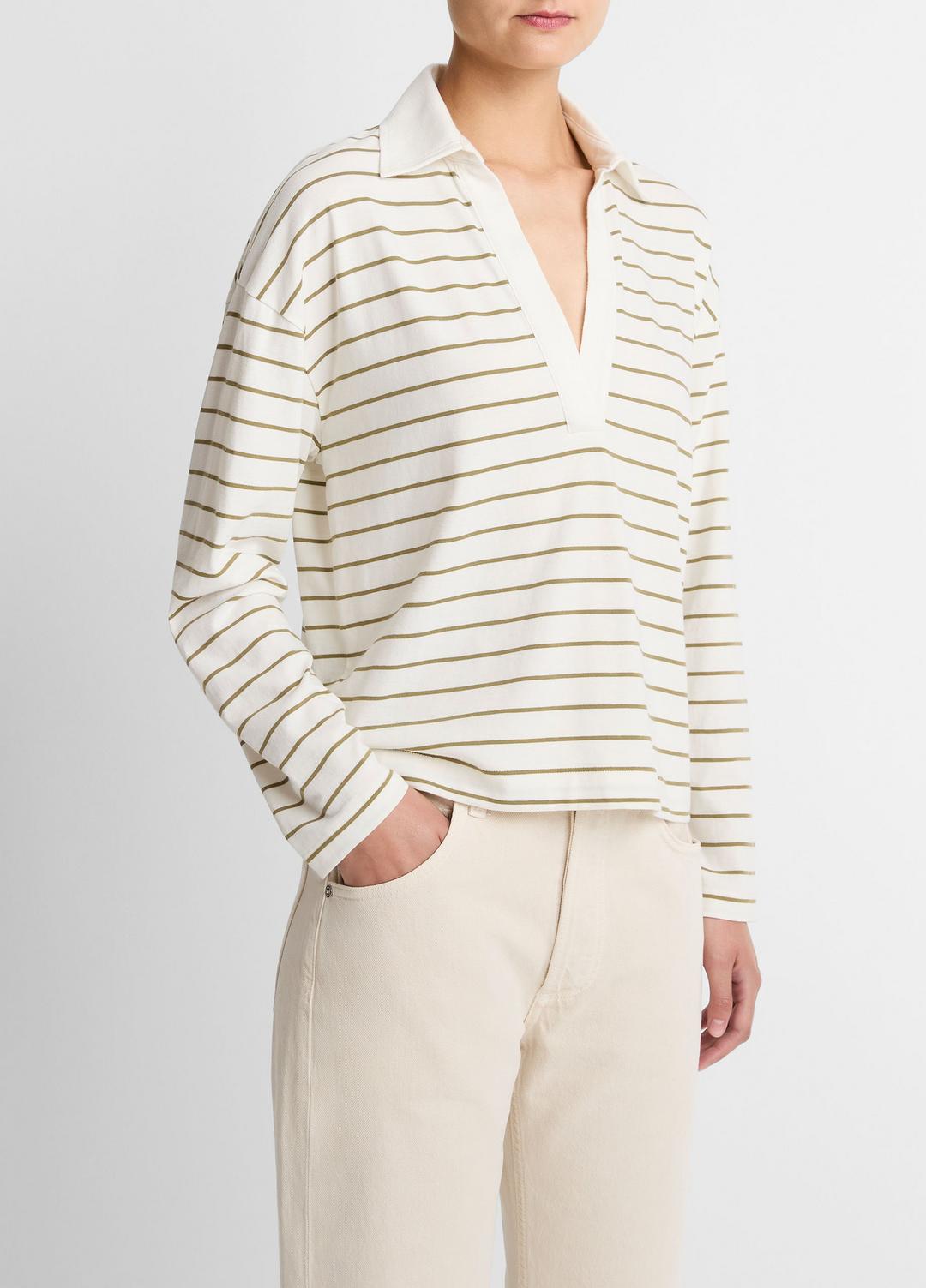 VINCE Women Striped Cotton Long-Sleeve Polo Shirt in Long Sleeve
